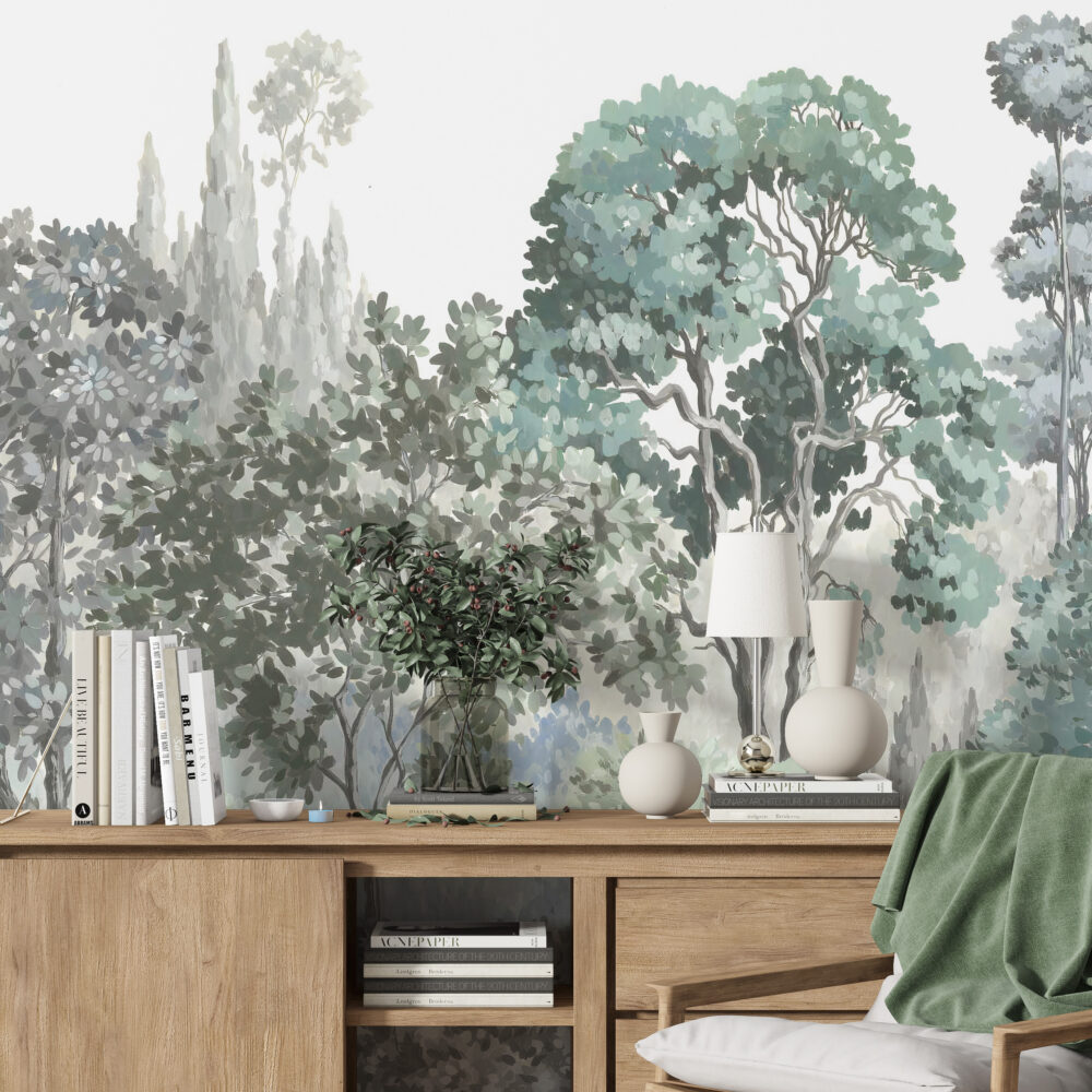 Sage Woodland Wallpaper : Soft Green Tree Canopy Mural - View 5