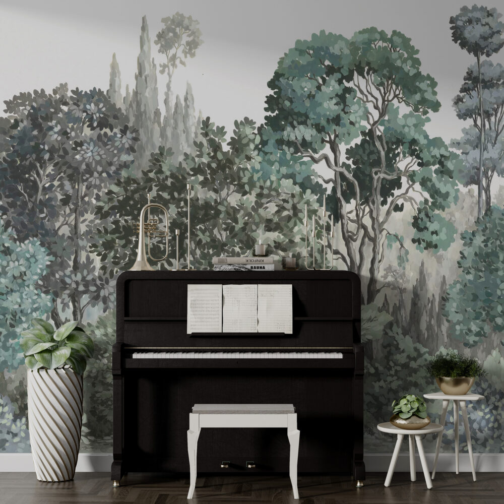 Sage Woodland Wallpaper : Soft Green Tree Canopy Mural - View 4