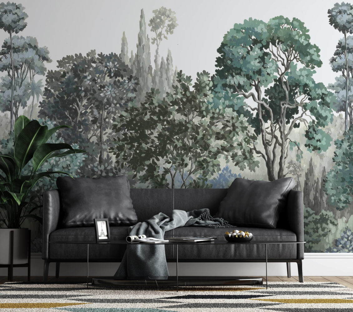 Sage Woodland Wallpaper : Soft Green Tree Canopy Mural