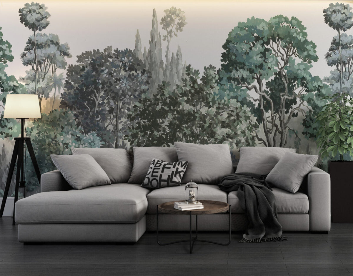 Sage Woodland Wallpaper : Soft Green Tree Canopy Mural - View 3
