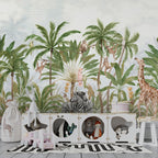 Safari Palms Wallpaper : Monkeys and Parrots Kids Mural