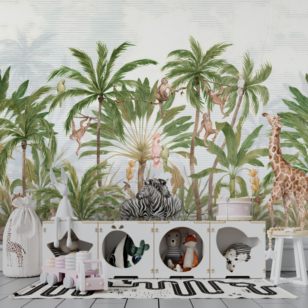 Safari Palms Wallpaper : Monkeys and Parrots Kids Mural - View 3