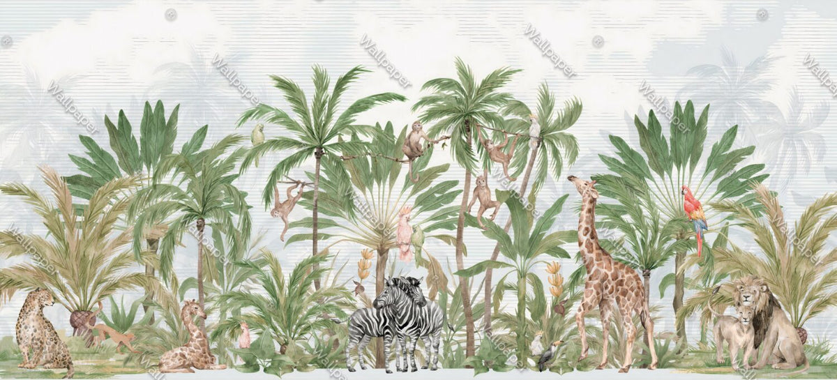 Safari Palms Wallpaper : Monkeys and Parrots Kids Mural - View 2