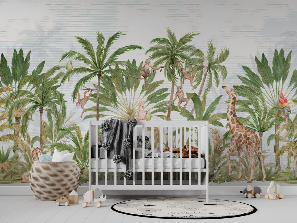 Safari Palms Wallpaper : Monkeys and Parrots Kids Mural - View 4