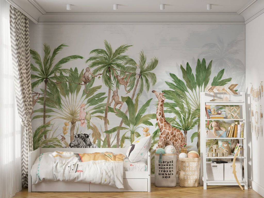 Safari Palms Wallpaper : Monkeys and Parrots Kids Mural - View 5