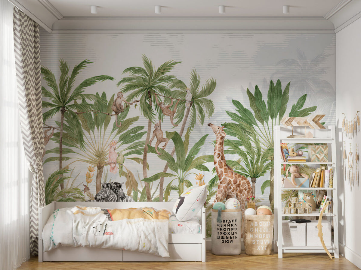 Safari Palms Wallpaper : Monkeys and Parrots Kids Mural - View 5