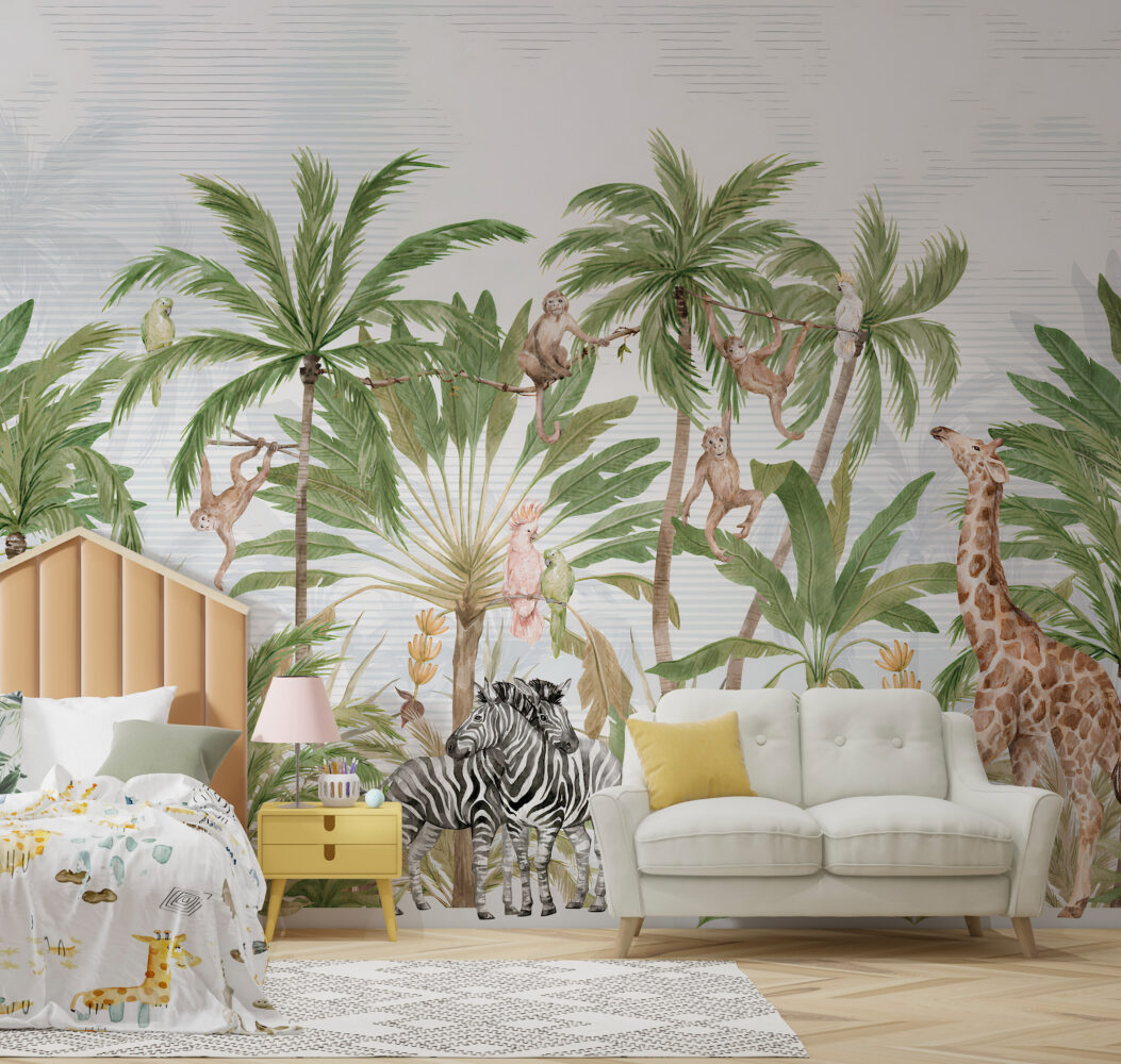 Safari Palms Wallpaper : Monkeys and Parrots Kids Mural - View 6