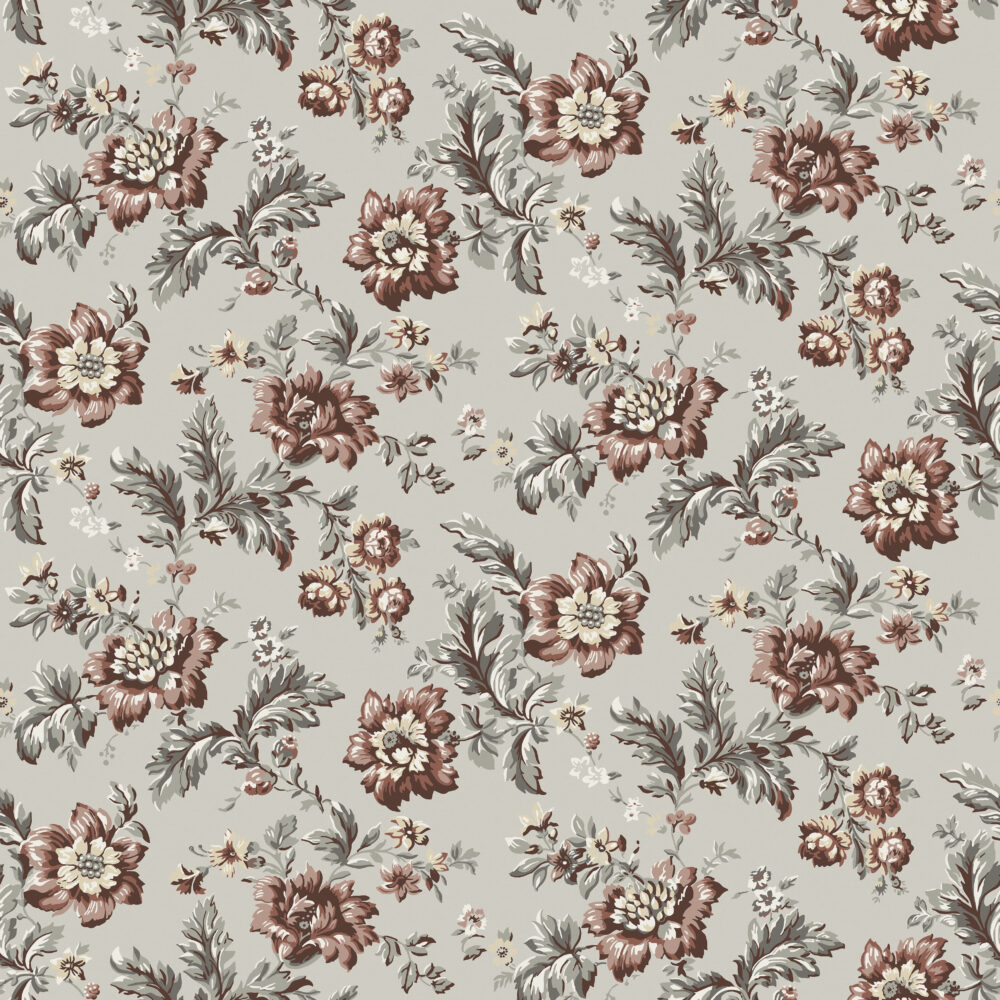 Vintage Brown Floral Wallpaper : Chintz Flower Pattern on Grey Mural - flat design