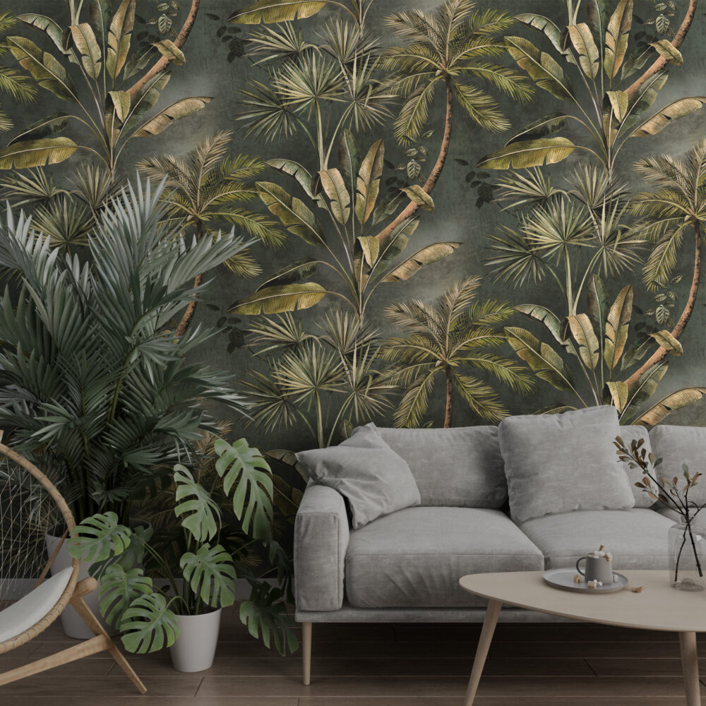 Palm and Banana Leaf Wallpaper : Olive Tropical Pattern Mural - View 2