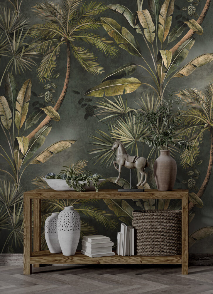 Palm and Banana Leaf Wallpaper : Olive Tropical Pattern Mural - View 3