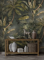 Palm and Banana Leaf Wallpaper : Olive Tropical Pattern Mural - View 3