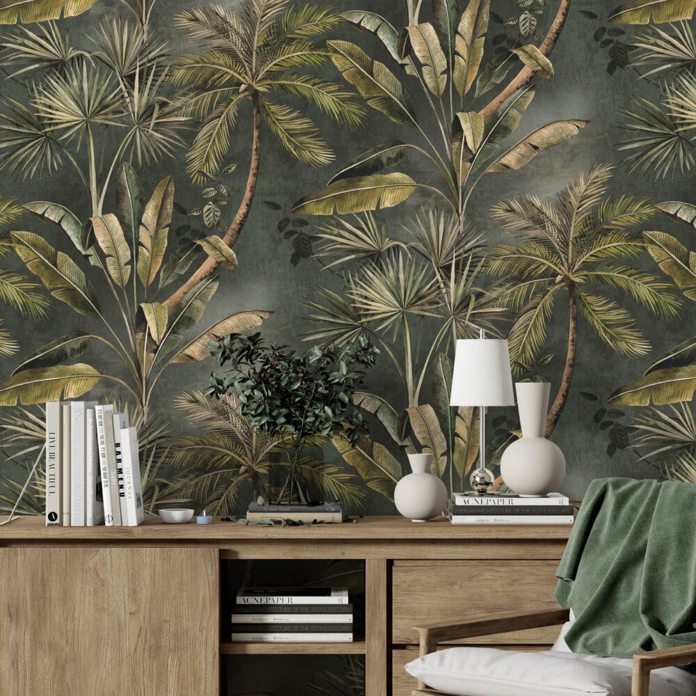Palm and Banana Leaf Wallpaper : Olive Tropical Pattern Mural - View 4