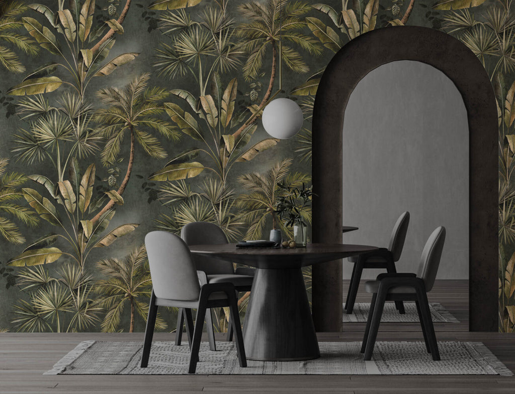 Palm and Banana Leaf Wallpaper : Olive Tropical Pattern Mural