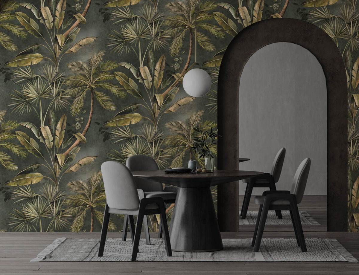 Palm and Banana Leaf Wallpaper : Olive Tropical Pattern Mural