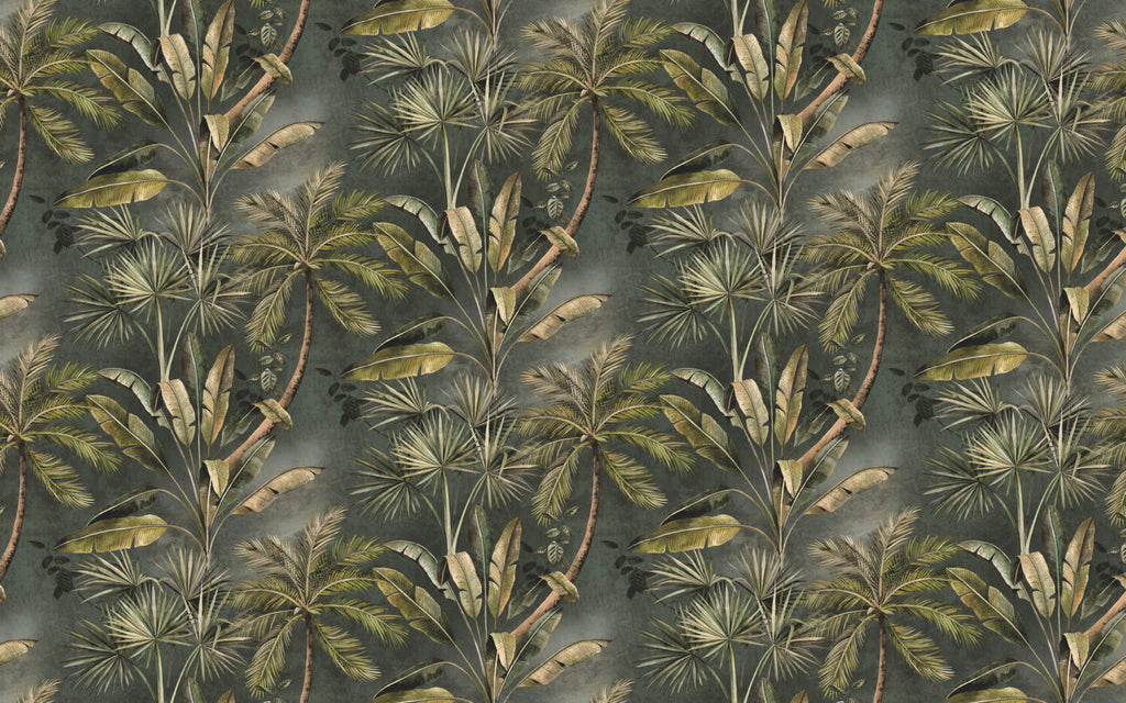 Palm and Banana Leaf Wallpaper : Olive Tropical Pattern Mural - flat design