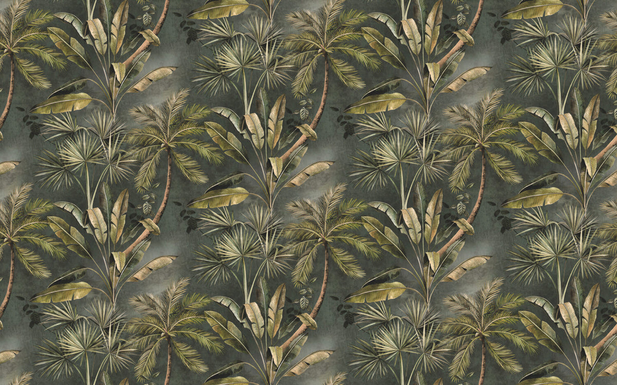Palm and Banana Leaf Wallpaper : Olive Tropical Pattern Mural - flat design