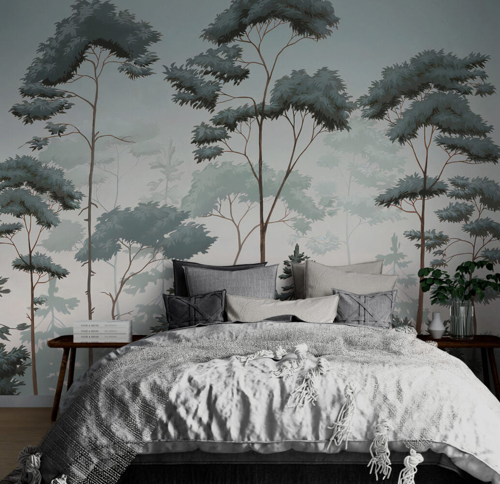 Nordic Forest Wallpaper : Blue Green Misty Pine Mural - View 2