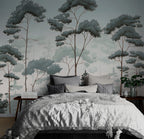 Nordic Forest Wallpaper : Blue Green Misty Pine Mural - View 2