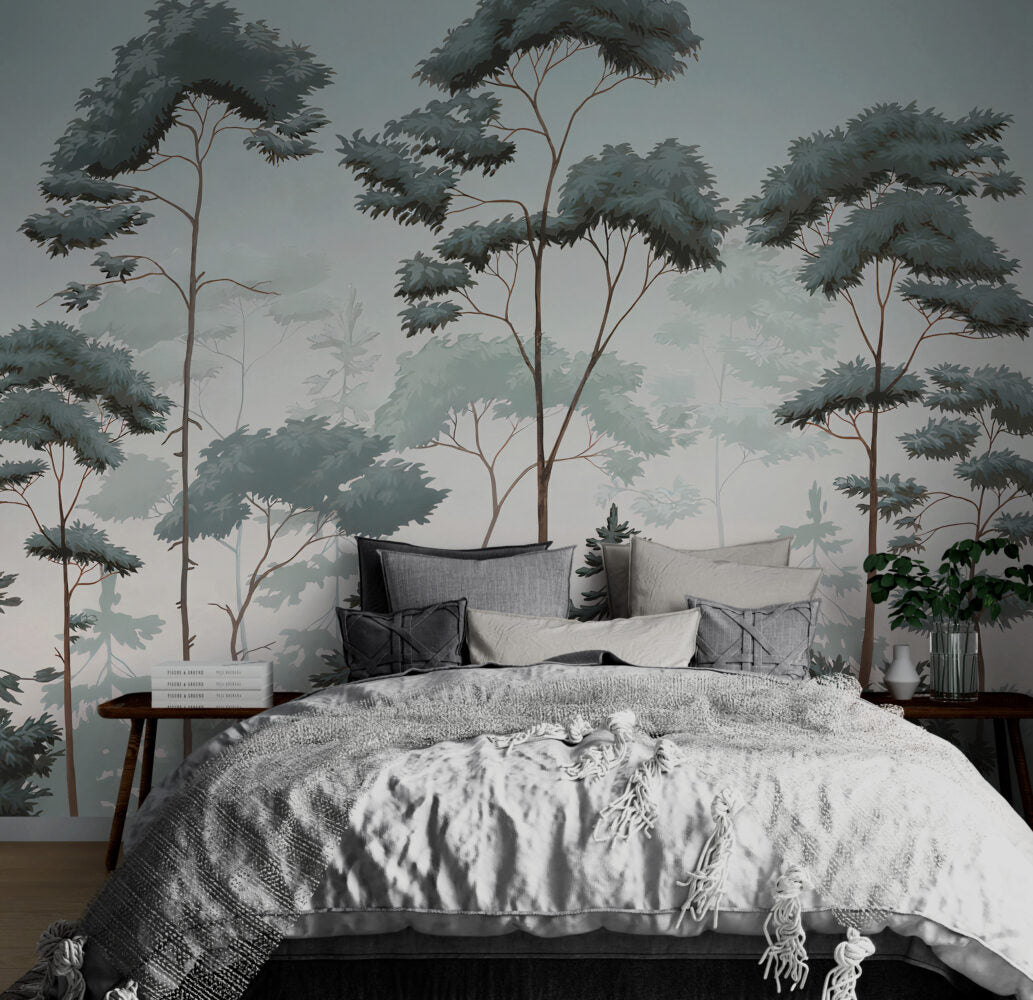 Nordic Forest Wallpaper : Blue Green Misty Pine Mural - View 2