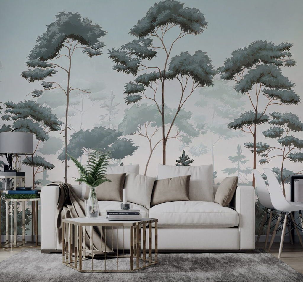 Nordic Forest Wallpaper : Blue Green Misty Pine Mural - View 4