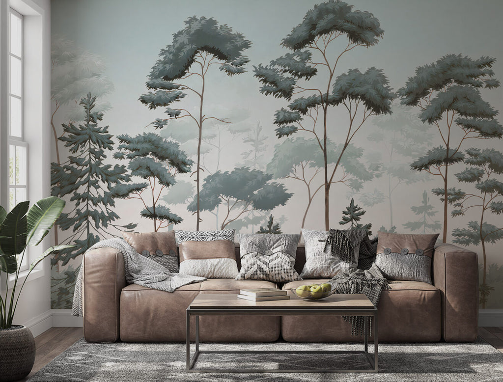 Nordic Forest Wallpaper : Blue Green Misty Pine Mural