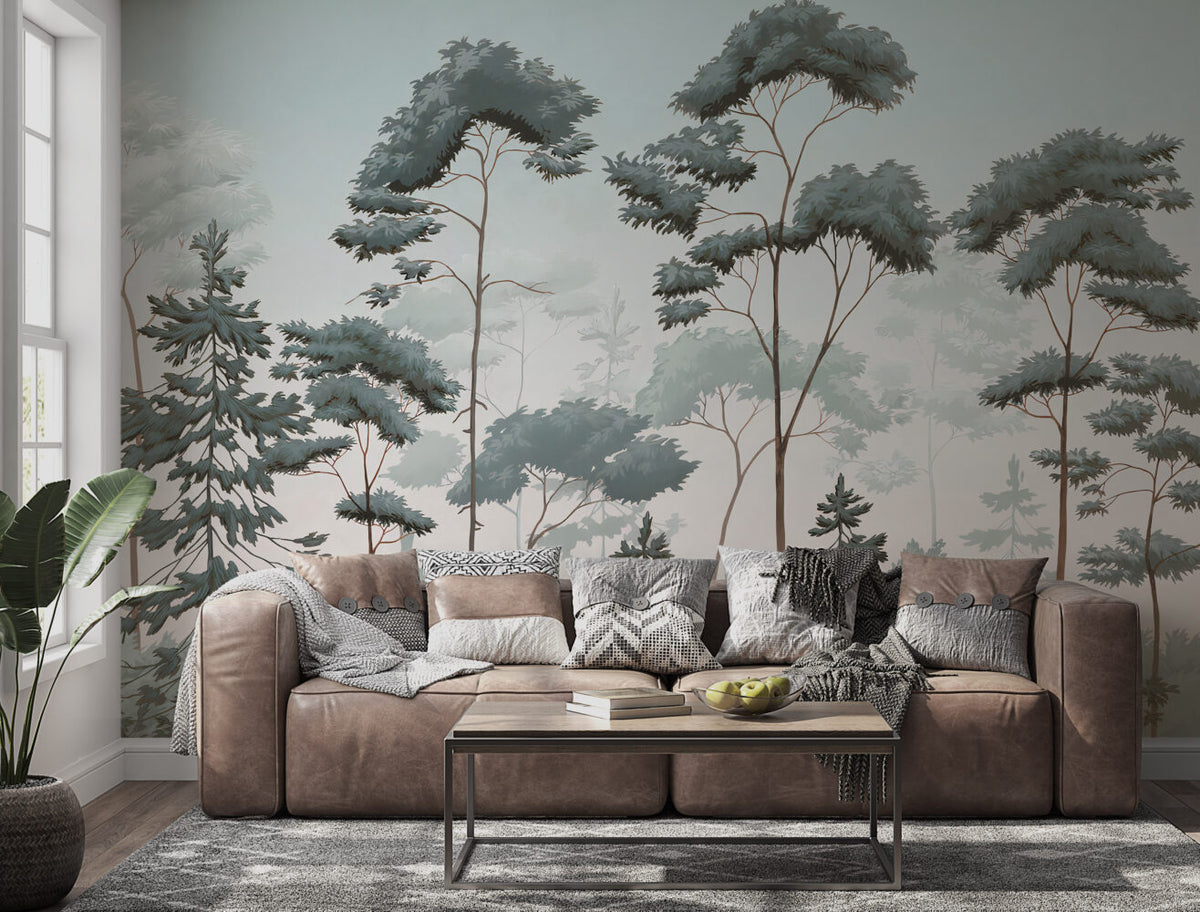 Nordic Forest Wallpaper : Blue Green Misty Pine Mural