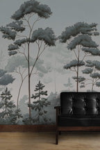 Nordic Forest Wallpaper : Blue Green Misty Pine Mural - View 3
