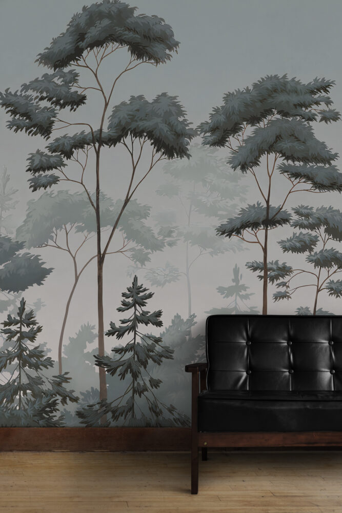 Nordic Forest Wallpaper : Blue Green Misty Pine Mural - View 3