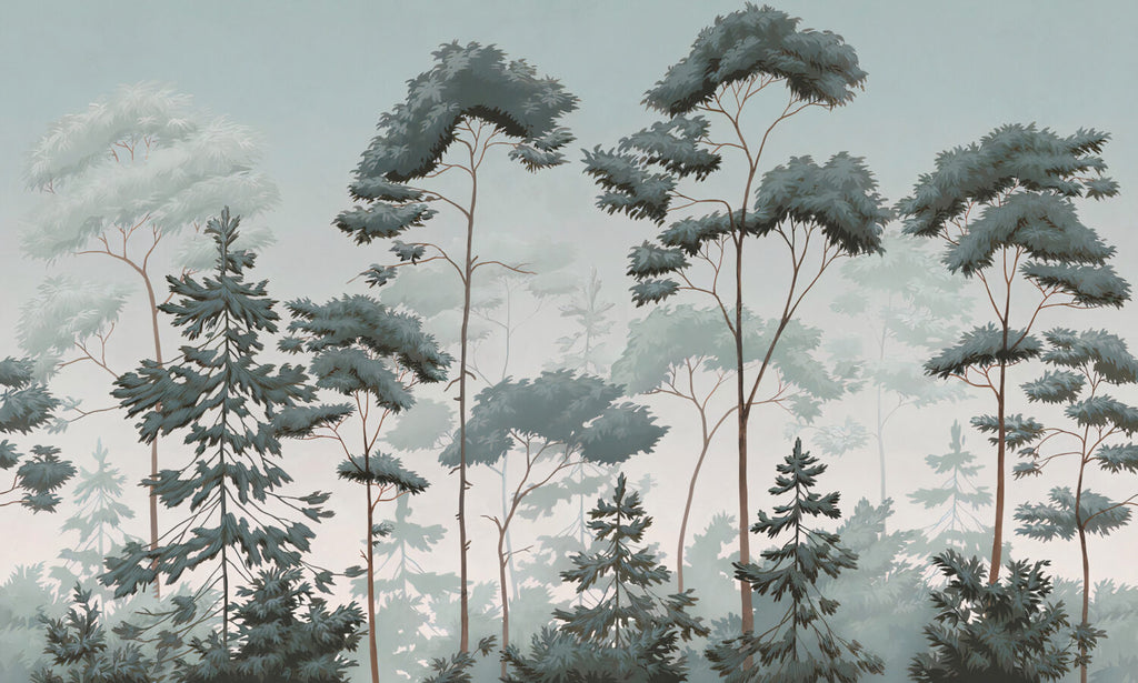Nordic Forest Wallpaper : Blue Green Misty Pine Mural - flat design