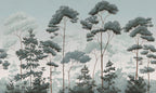 Nordic Forest Wallpaper : Blue Green Misty Pine Mural - flat design