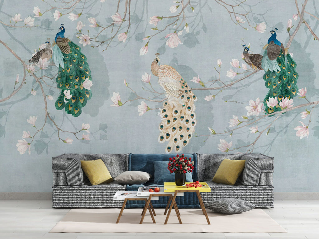 Peacock Blossom Wallpaper : Soft Blue Chinoiserie Mural - View 2