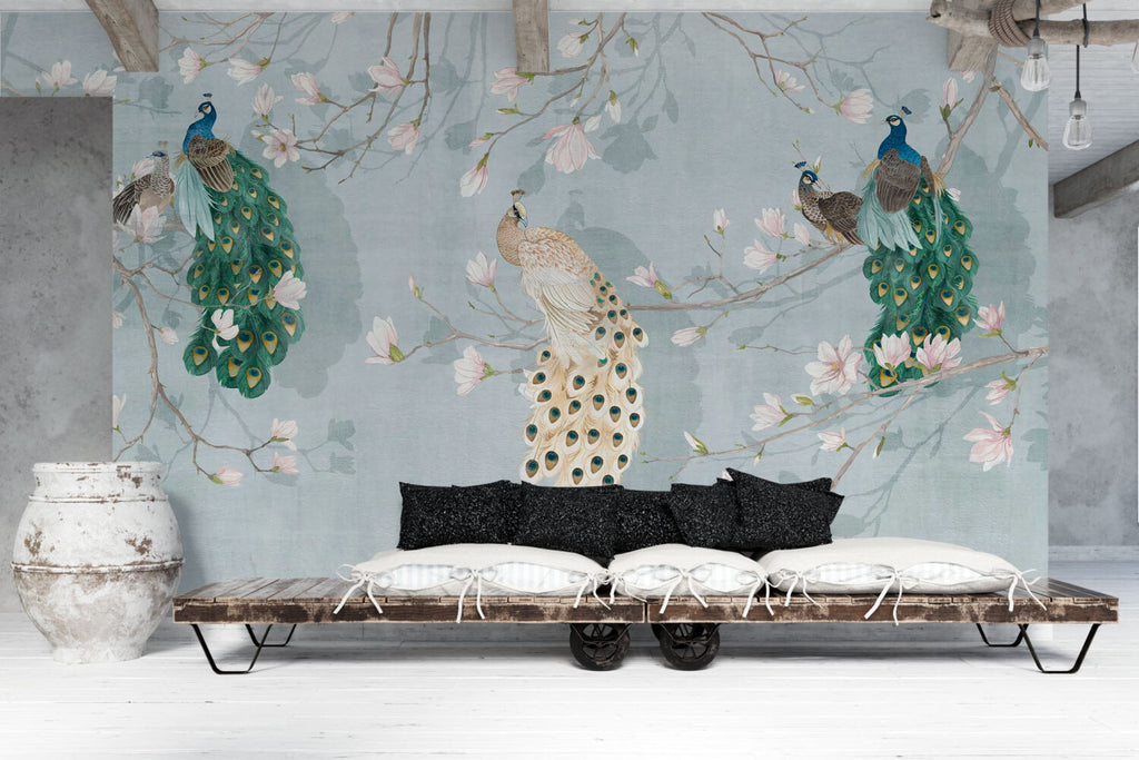 Peacock Blossom Wallpaper : Soft Blue Chinoiserie Mural