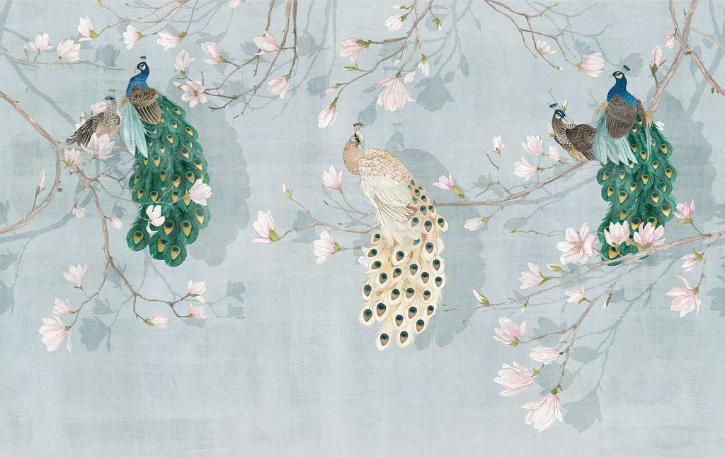 Peacock Blossom Wallpaper : Soft Blue Chinoiserie Mural - flat design