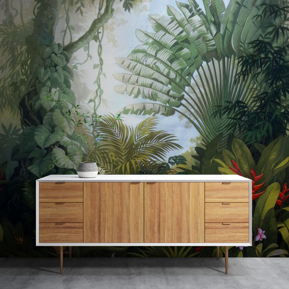 Lush Rainforest Wallpaper : Bird of Paradise and Orchids Mural - View 4
