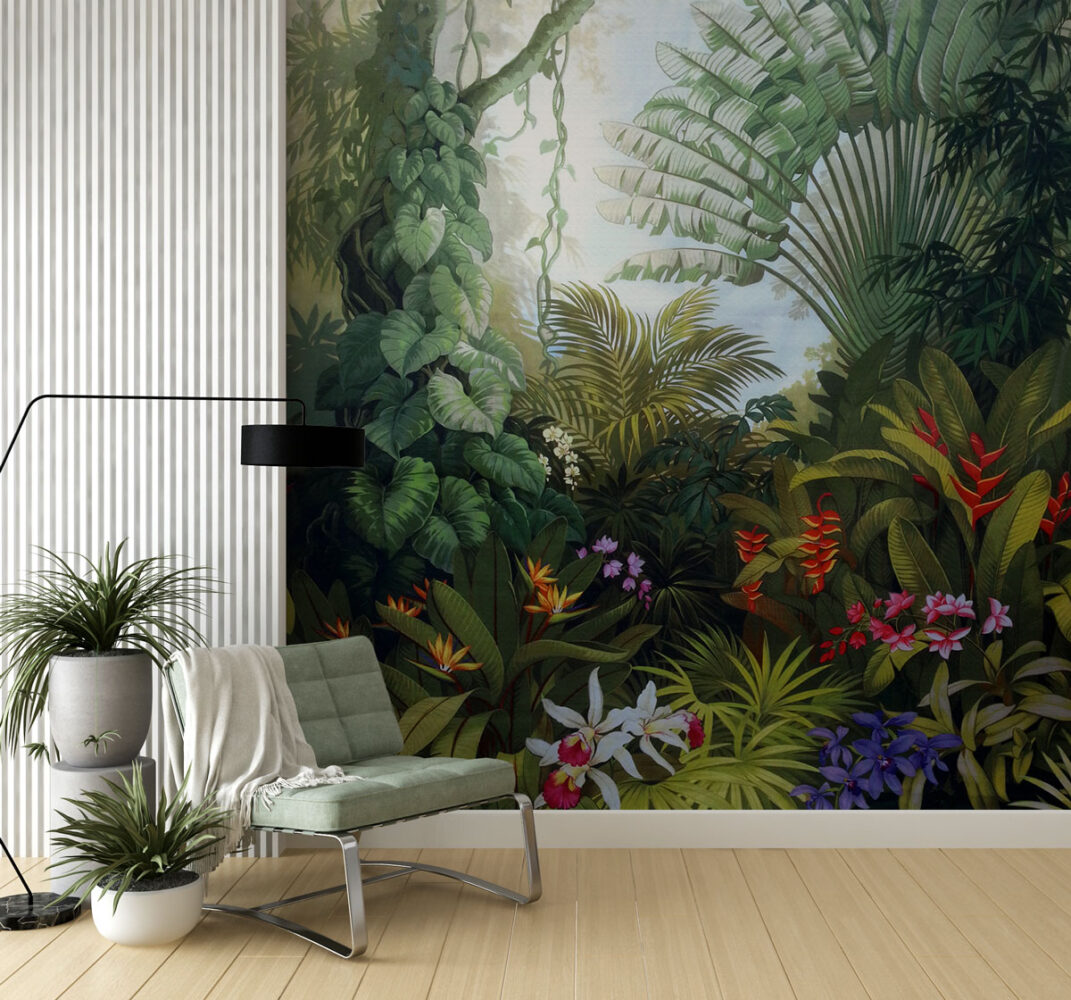 Lush Rainforest Wallpaper : Bird of Paradise and Orchids Mural