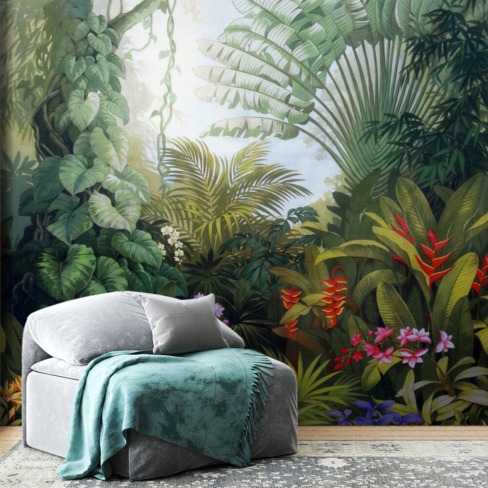 Lush Rainforest Wallpaper : Bird of Paradise and Orchids Mural - View 5
