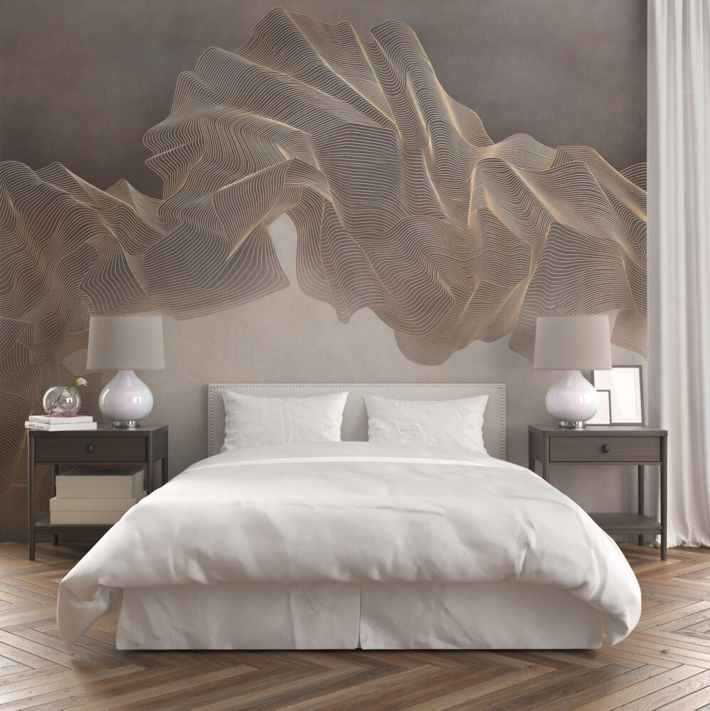 Gold Line Wave Wallpaper : Flowing Contour Abstract Mural - View 3