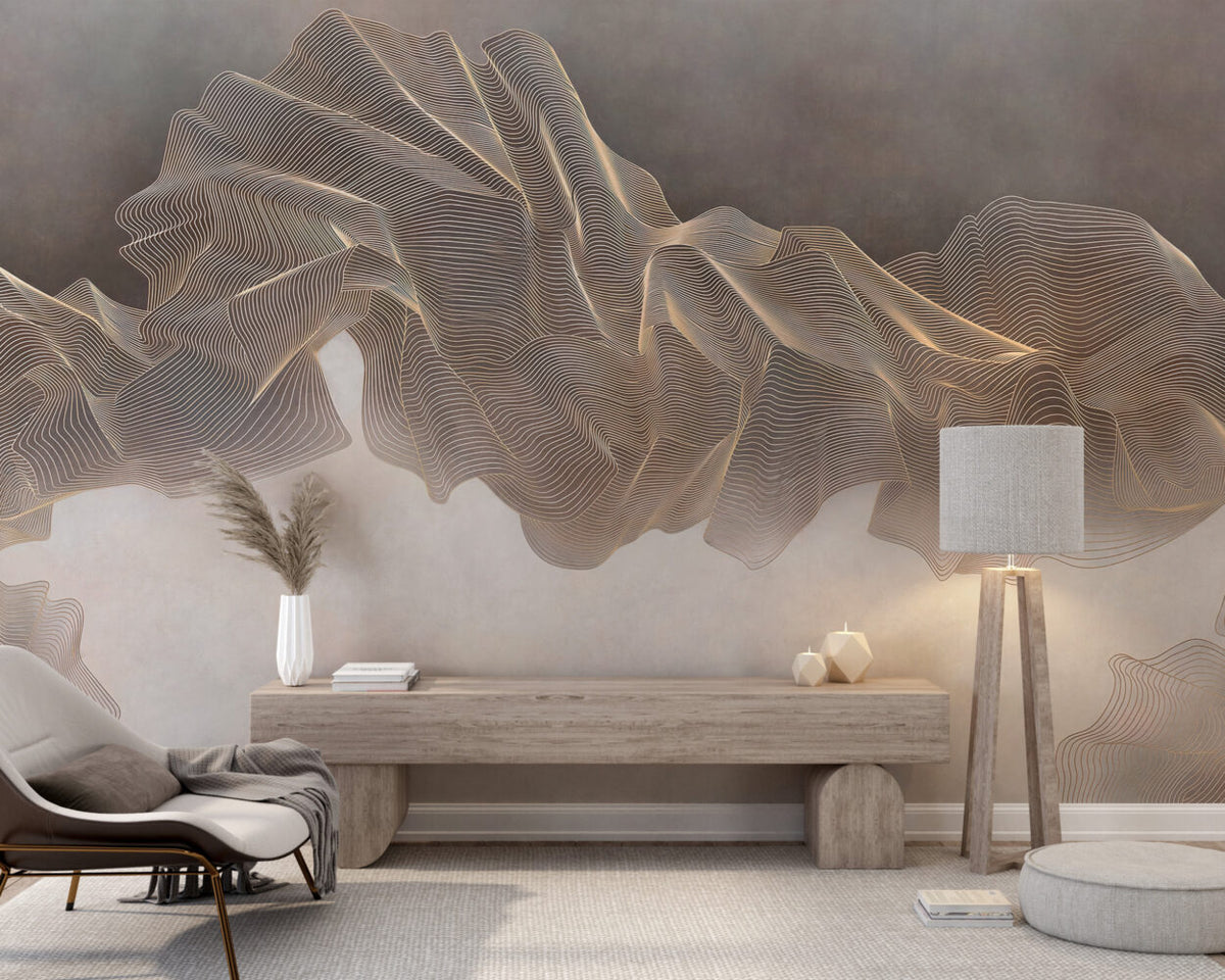Gold Line Wave Wallpaper : Flowing Contour Abstract Mural - View 5