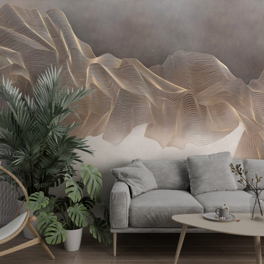 Gold Line Wave Wallpaper : Flowing Contour Abstract Mural