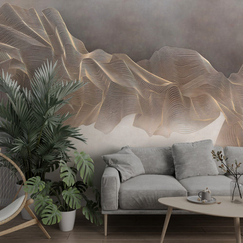 Gold Line Wave Wallpaper : Flowing Contour Abstract Mural