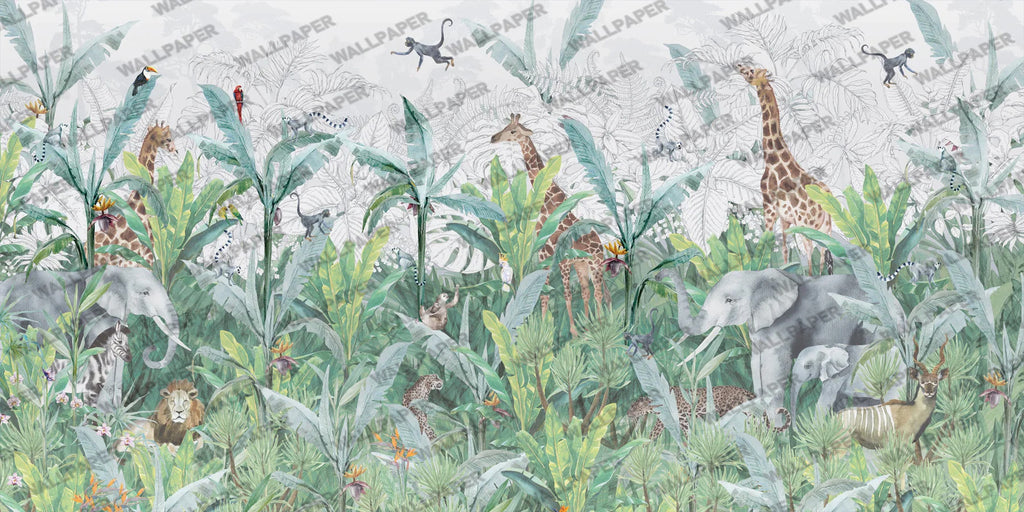 Rainforest Safari Wallpaper : Giraffes and Elephants Jungle Mural - flat design