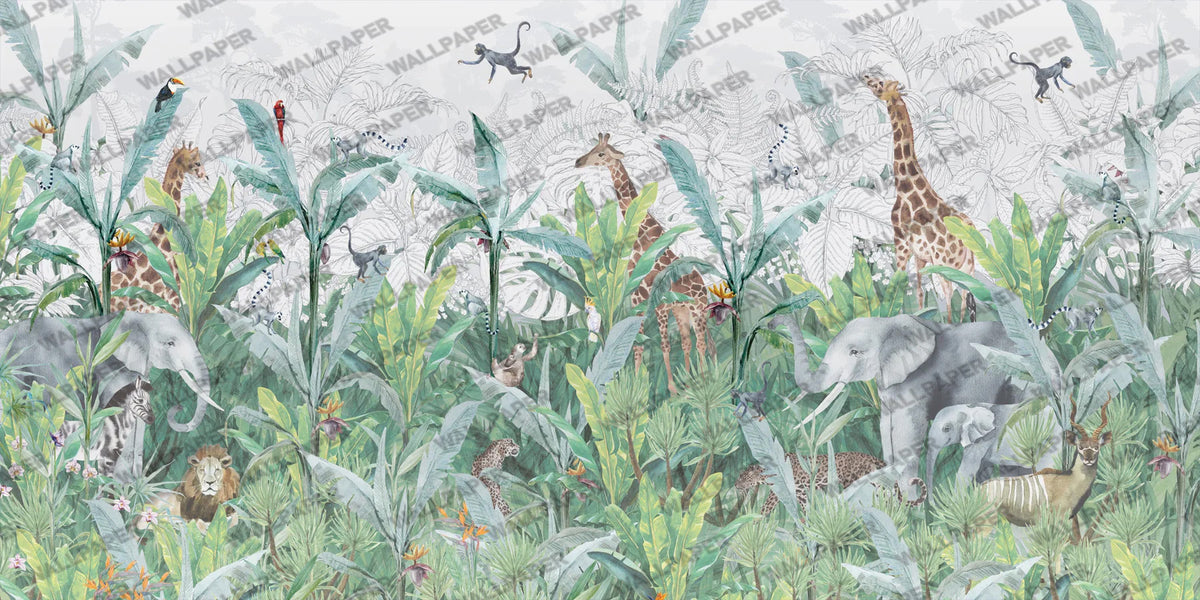 Rainforest Safari Wallpaper : Giraffes and Elephants Jungle Mural - flat design