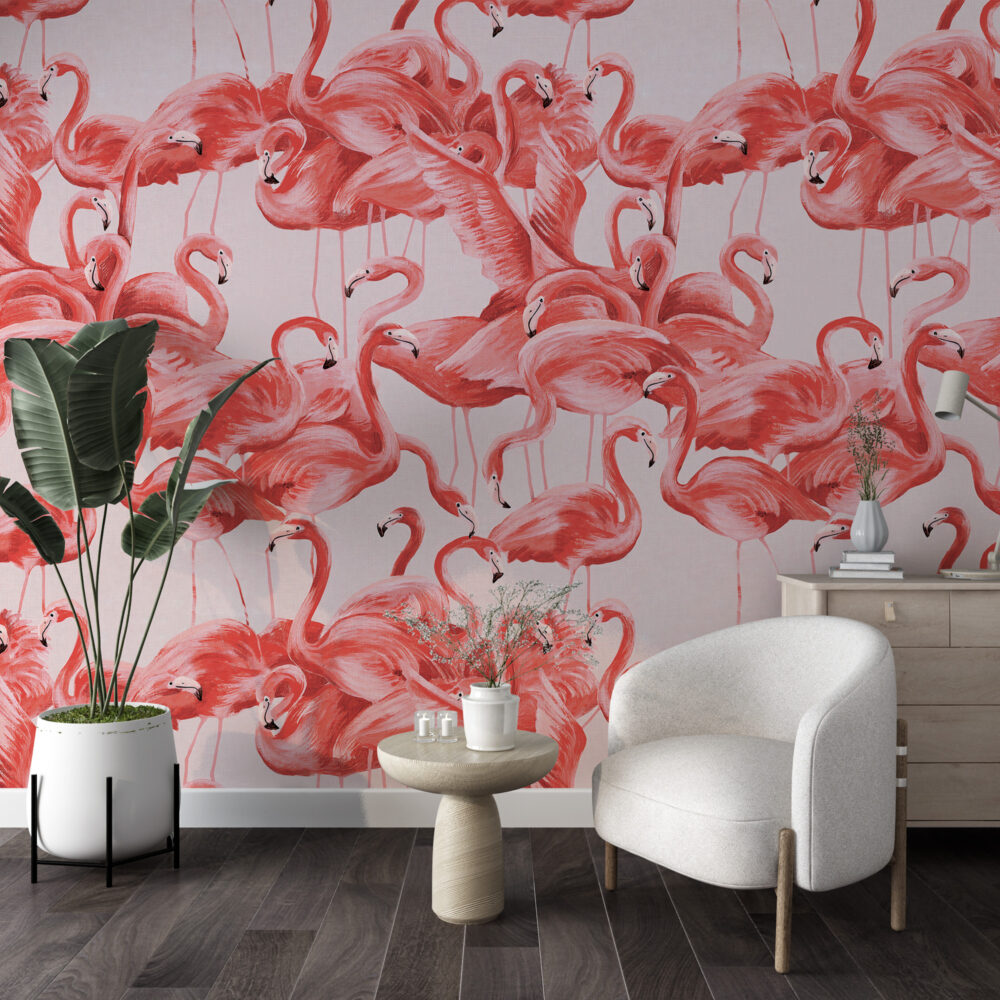 Pink Flamingos Wallpaper : Coral Flamingo Flock Mural - View 3