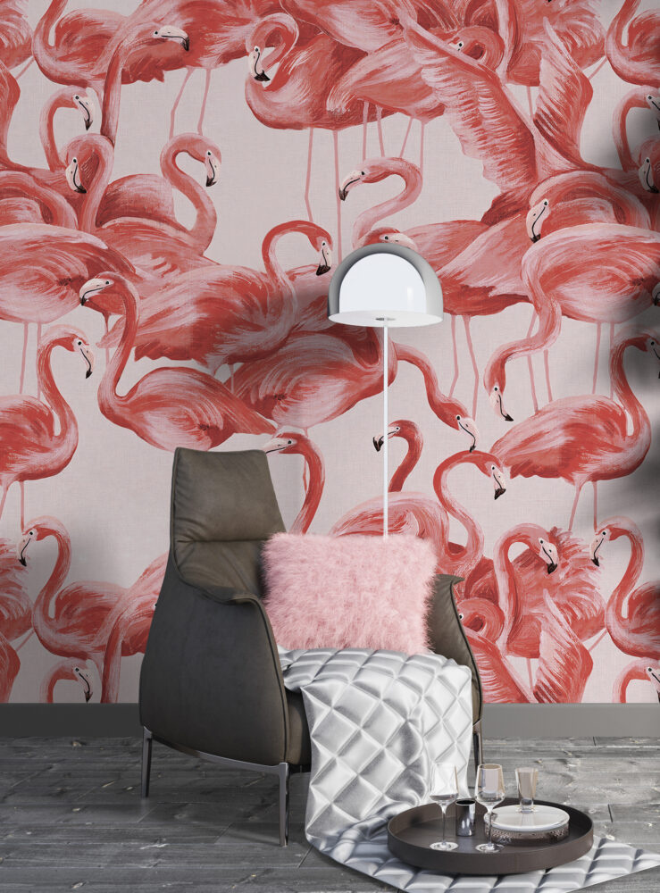 Pink Flamingos Wallpaper : Coral Flamingo Flock Mural - View 4