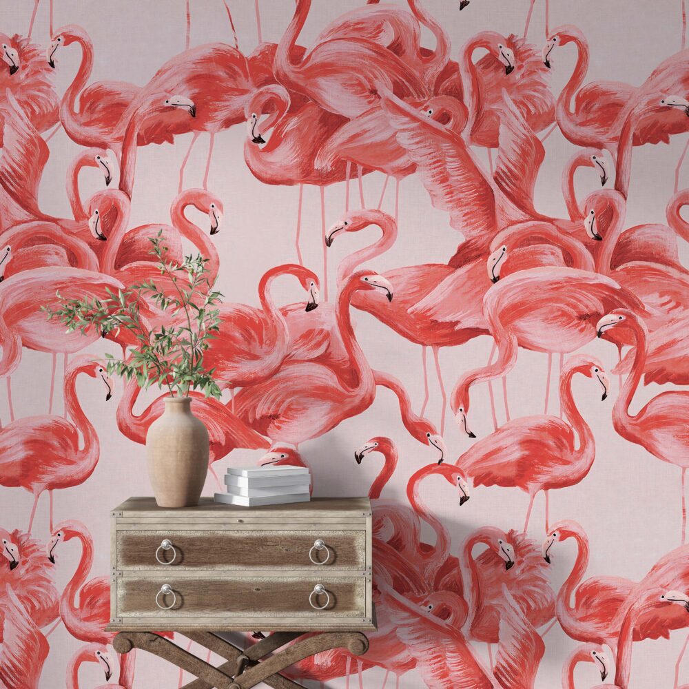Pink Flamingos Wallpaper : Coral Flamingo Flock Mural - View 5
