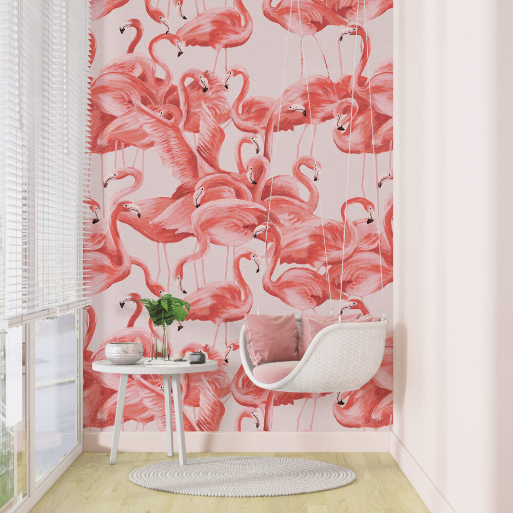 Pink Flamingos Wallpaper : Coral Flamingo Flock Mural