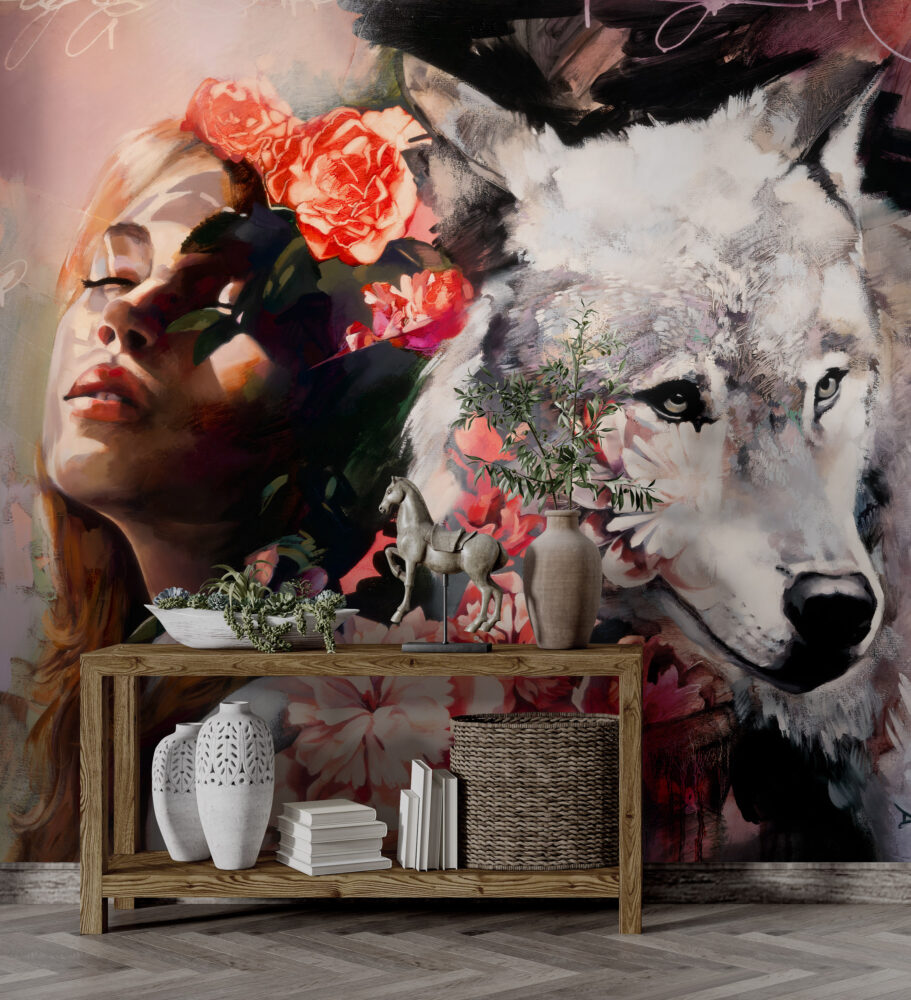 Woman and Wolf Wallpaper : Dark Floral Portrait Art Mural - View 3