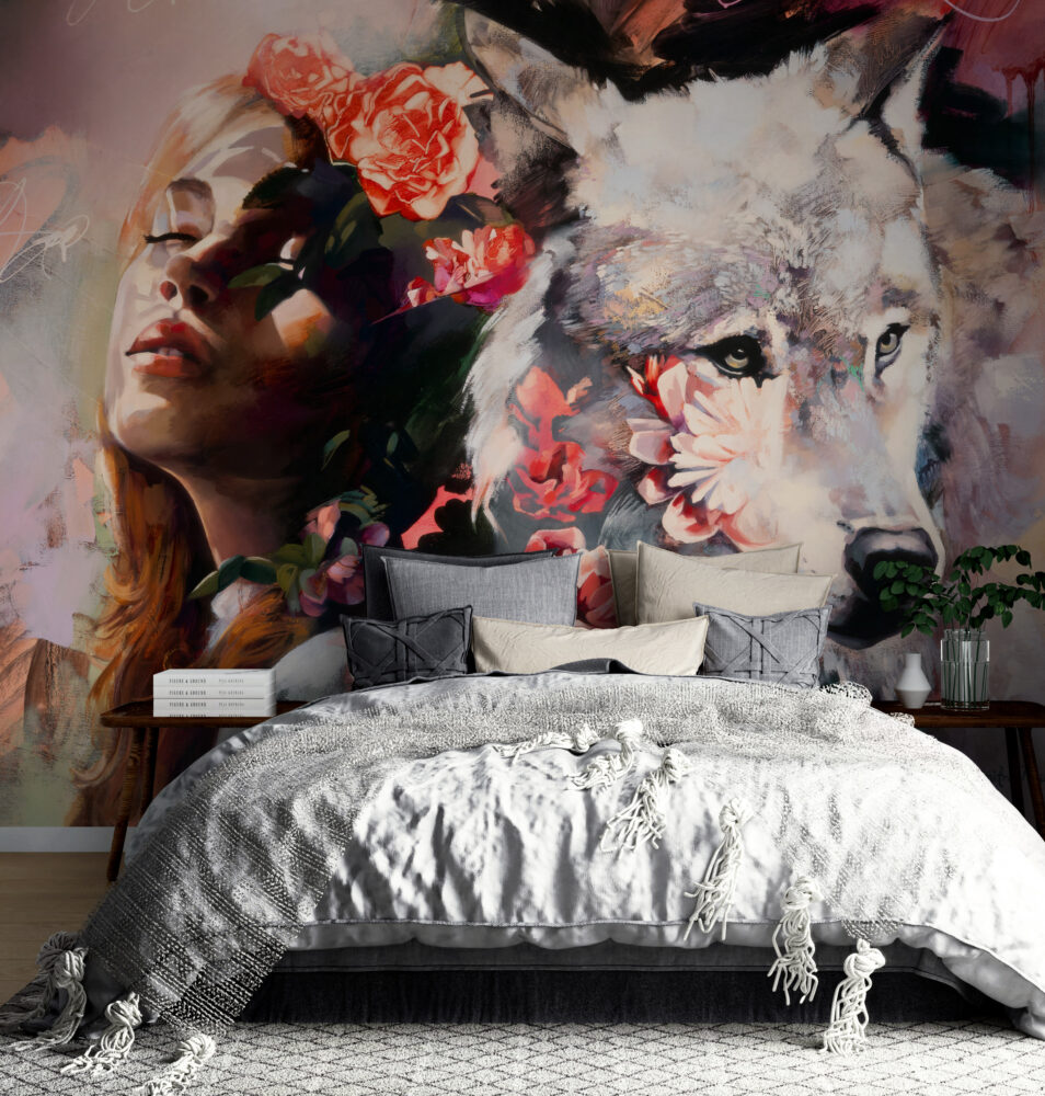 Woman and Wolf Wallpaper : Dark Floral Portrait Art Mural - View 4