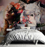 Woman and Wolf Wallpaper : Dark Floral Portrait Art Mural - View 4