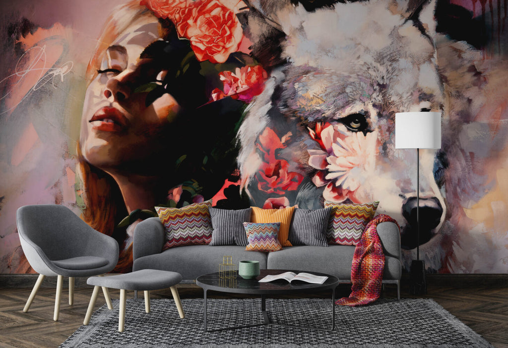 Woman and Wolf Wallpaper : Dark Floral Portrait Art Mural - View 5